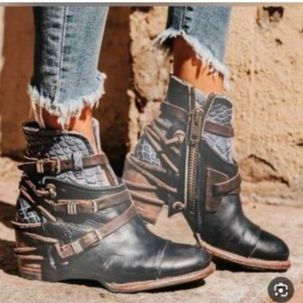 Freebird Crue Leather Boho Booties Ankle Boots Zip Straps‎ Western Croc Shoes 7